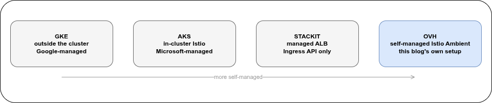 Four Gateway API runtime models: GKE outside the cluster, AKS in-cluster Istio, STACKIT managed ALB, OVH self-managed